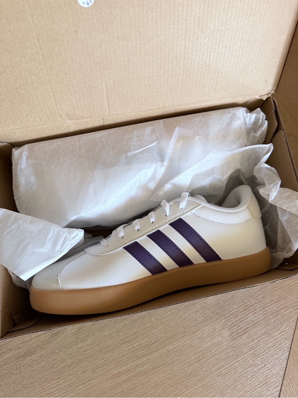 adidas Men’s White Sneakers with Purple Stripes and Gum Sole
